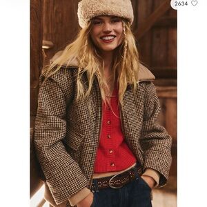 We the Free Spearmint Cozy Jacket Houndstooth Check & Sherpa Bomber